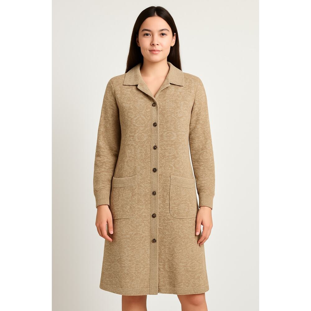 Vintage 70's Tannel Knit Jacquard Tan Sweater Dress button down Pockets medium